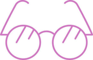 Pink line art icon of round-framed eyeglasses