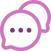 Pink line art icon of two overlapping speech bubbles with three dots, representing conversation or questions